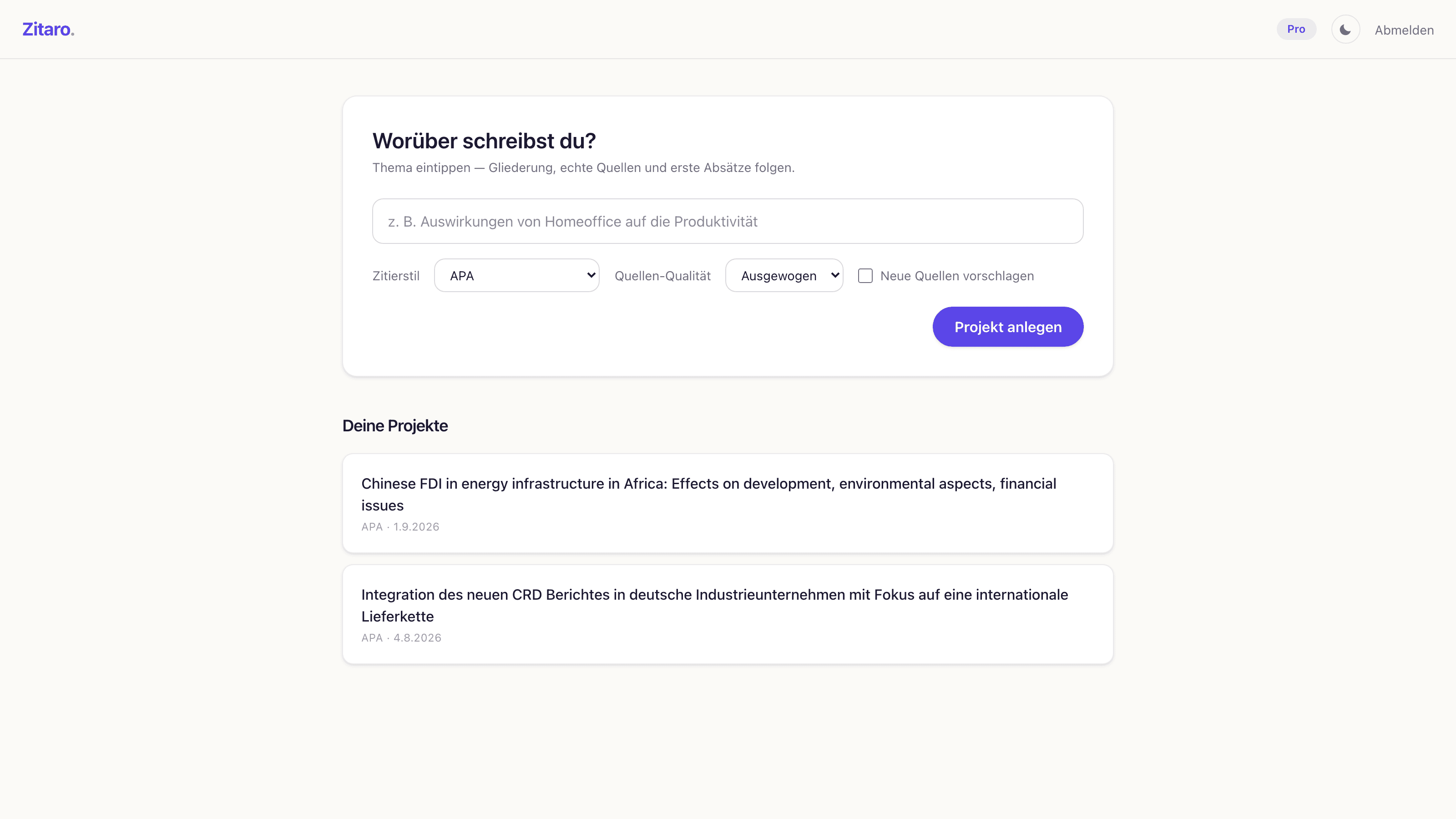 Projekt-Dashboard mit dem Feld „Worüber schreibst du?“ und zwei angelegten Projekten.