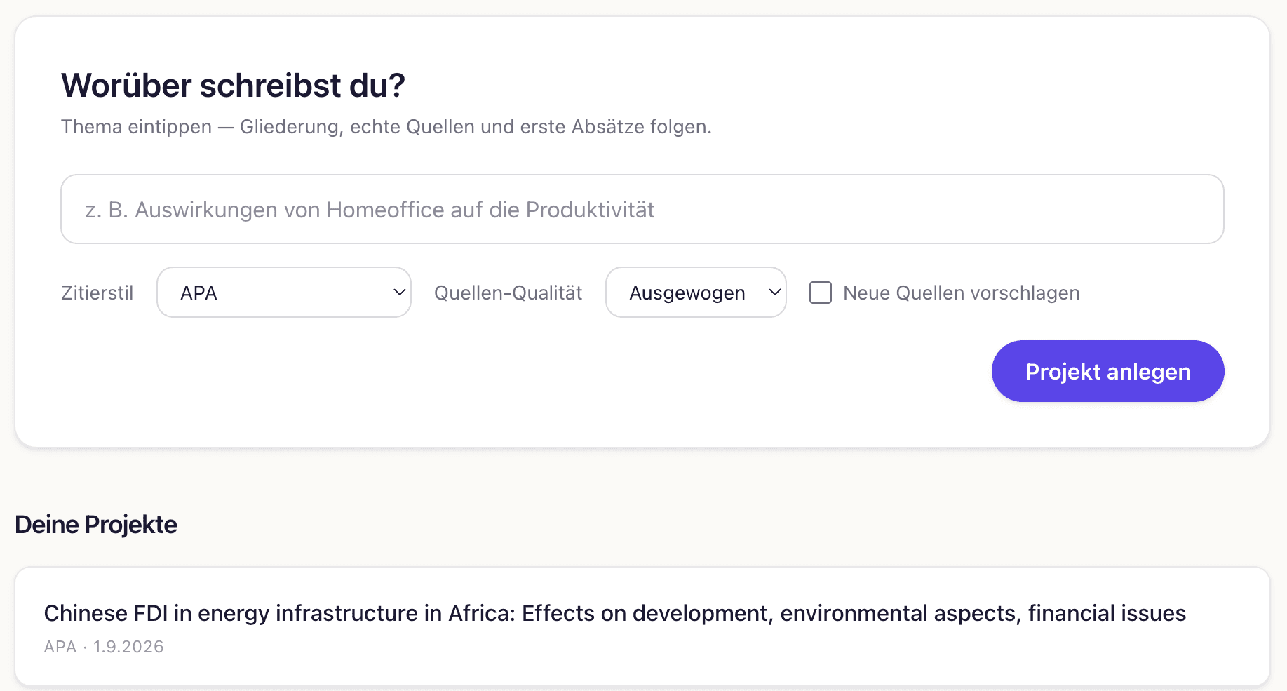Zitaro-Dashboard: Feld „Worüber schreibst du?“ mit Zitierstil APA, Quellen-Qualität „Ausgewogen“ und der Liste der eigenen Projekte.