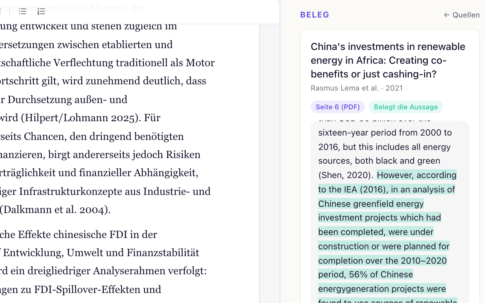 Beleg-Panel neben dem Editor: Originalpassage der Quelle mit grün markiertem Stützsatz, Badge „Belegt die Aussage“, Link zur PDF-Seite.