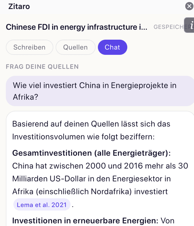 „Frag deine Quellen“: Frage nach Chinas Energie-Investitionen, belegte Antwort mit klickbarem Beleg-Chip „Lema et al. 2021“.