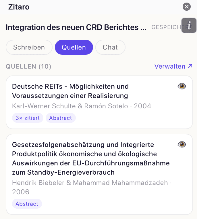 Zitaro-Quellenliste im Word-Taskpane: echte Treffer mit Autoren, Jahr, Zitationszahl und Badges „Abstract“ bzw. „Seitengenau“.