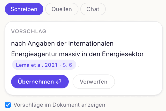 Zitaro-Vorschlagskarte: Fortsetzungstext mit Beleg „Lema et al. 2021 · S. 6“ und den Knöpfen „Übernehmen“ und „Verwerfen“.